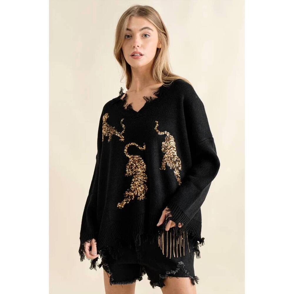 NEW BLUE B frayed v-neck tiger sequin sweater in black